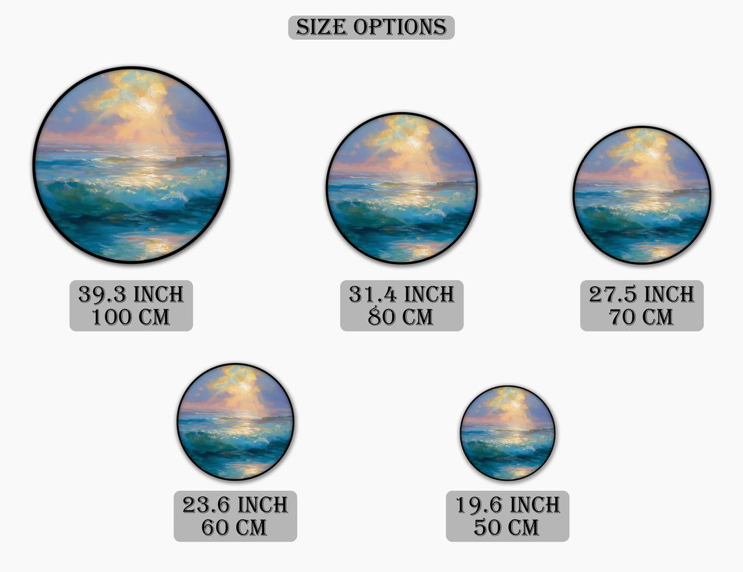 Golden Light Over Turquoise Waves Round Canvas Print – Serene Ocean Sunrise Wall Art