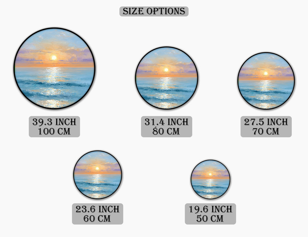 Impression sur toile ronde Lever de soleil doré sur l'océan–Décoration murale côtière sereine