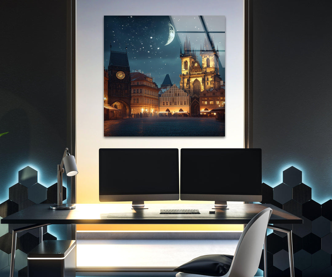 Night Old Town Square in Prague Glass Wall Art glass art painting, glass art for the Wall
