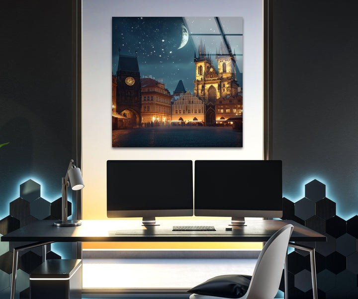 Night Old Town Square in Prague Glass Wall Art glass art painting, glass art for the Wall
