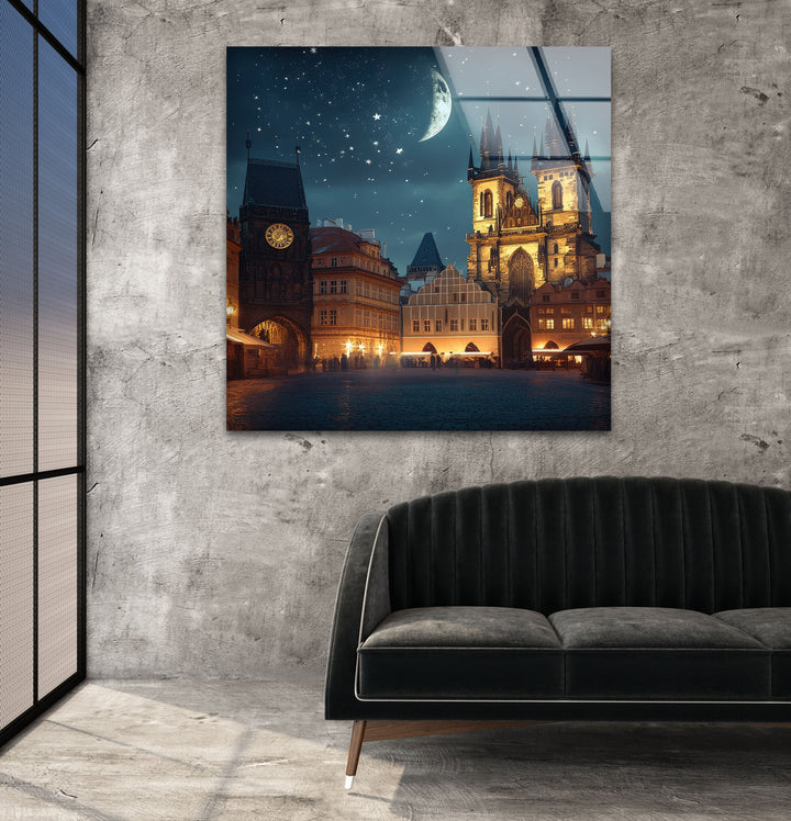 Night Old Town Square in Prague Glass Wall Art photo print on glass, prints on glass wall art

