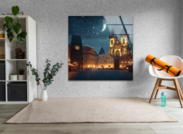 Night Old Town Square in Prague Glass Wall Art stained glass wall art, stained glass wall decor
