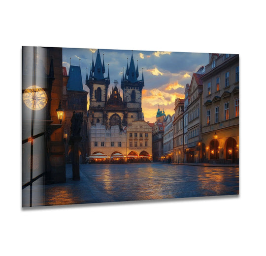 Dominant gold hues illuminate this Old Town Square in Prague glass wall art, offering a warm and inviting touch for your home decor.