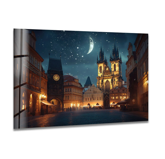 Intertwined, the organic forms of old town buildings and cathedral in the night Old Town Square in Prague glass wall art create a captivating glass printing scene.