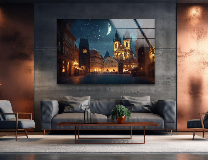 Night Old Town Square in Prague Glass Wall Art Glass Printing Wall Art, Print photos on glass
