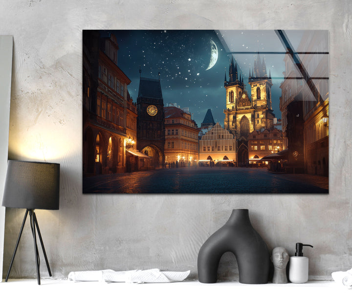Night Old Town Square in Prague Glass Wall Art glass photo prints, glass picture prints

