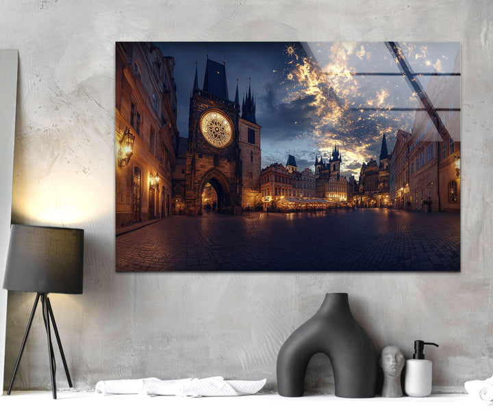Night Sunset Prague Glass Wall Art photo print on glass, prints on glass wall art
