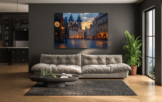 Revealing the abstract quality, Old Town Square in Prague showcases reflections in a mesmerizing display of glass wall art decor, transforming the classic cityscape into an artful scene.