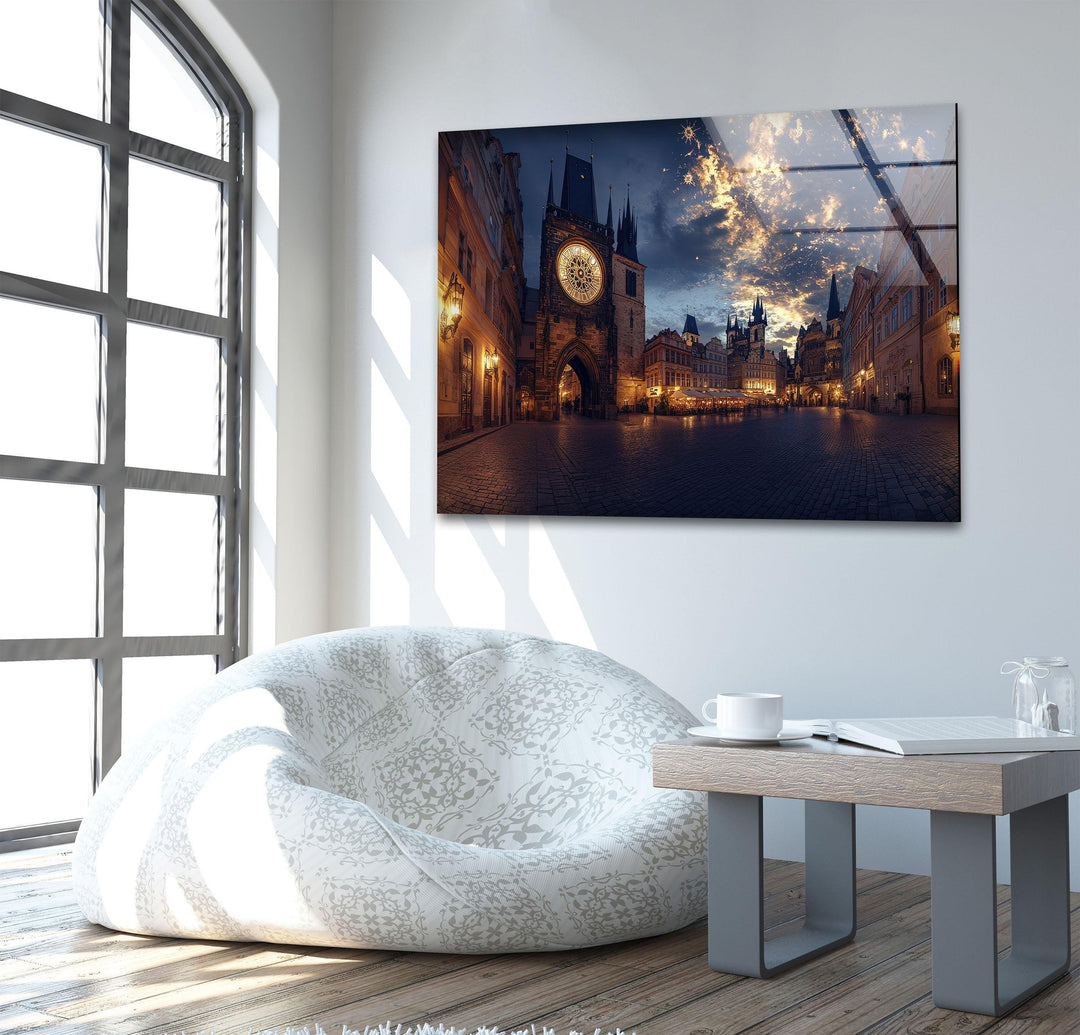 Night Sunset Prague Glass Wall Art custom glass photo prints, large glass prints
