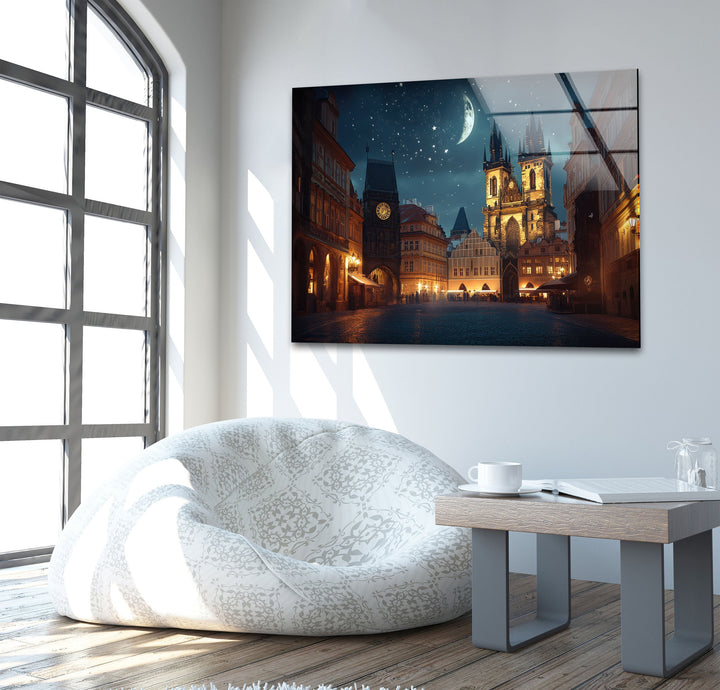 Night Old Town Square in Prague Glass Wall Art glass pictures for Wall, glass prints wall art
