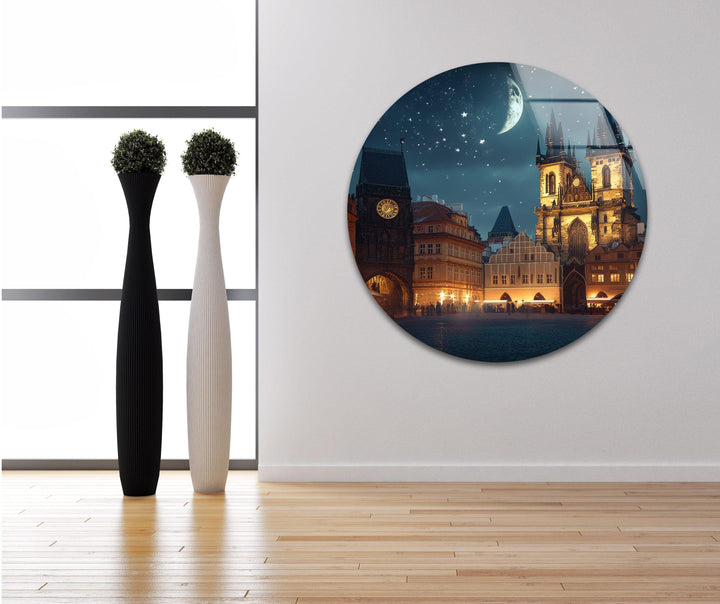 Night Old Town Square in Prague Glass Wall Art custom glass pictures, glass art prints
