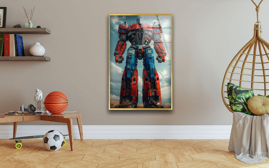 Depth and layers of color in this giant red and blue mecha robot futuristic art from glass create a captivating focal point in a modern space.