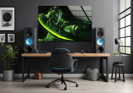 Green hues dominate this futuristic ninja with green blade decorative wall art, adding a vibrant pop to any sleek gaming room.