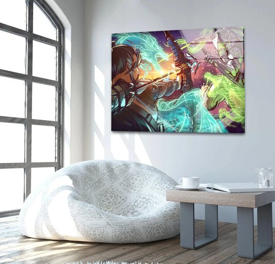 Surrounding the captivating Archer vs Cyber Warrior Energy Clash glass wall art, the negative space enhances this decorative wall art's dynamic clash.
