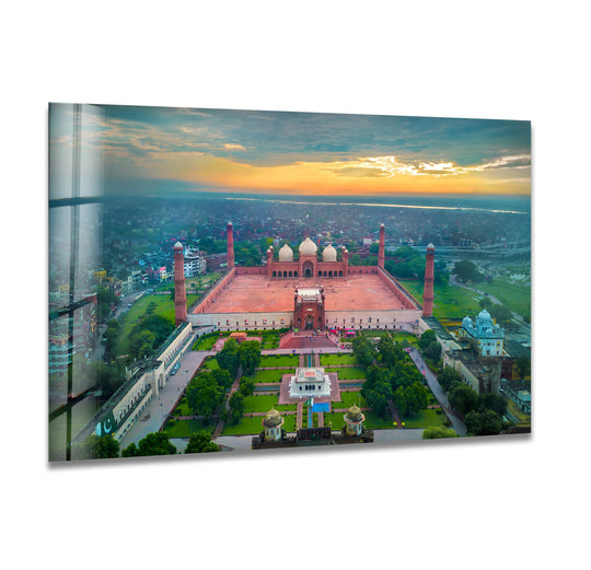 Crafted as glass wall artwork, the aerial view of the Badshahi Mosque showcases refined texture and vibrant color in high-quality detail, capturing the iconic Lahore landmark.