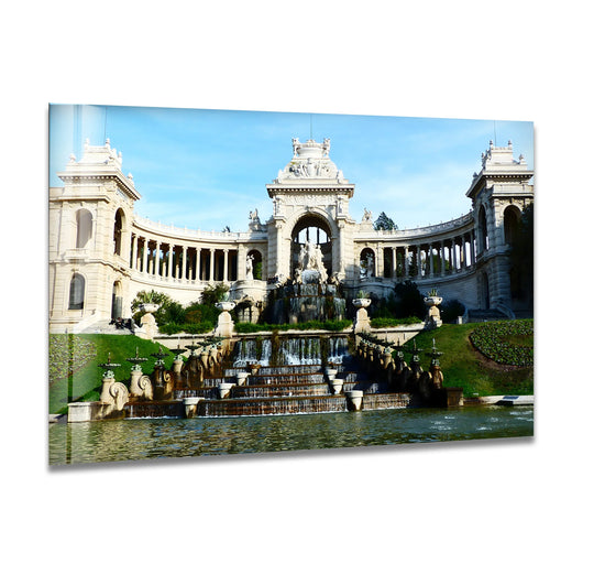 Sharp edge of the Palais des Festivals glass print wall art beautifully frames the architectural details and majestic fountain, enhancing the print wall art presentation.