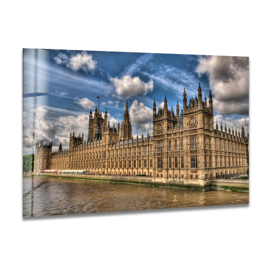 Clouds accentuating the organic forms of the Houses of Parliament are captured in this glass print, showcasing iconic London landmark in stunning glass printing.
