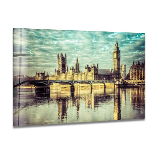 The houses of parliament serve as the central subject in this captivating art from glass, capturing London's iconic landmark in a reflective cityscape.