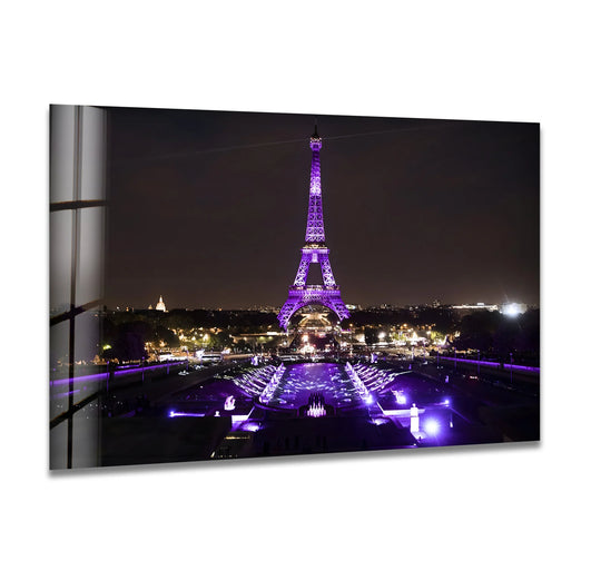 Revealing depth and layers, this Eiffel Tower illuminated at night is captured as vibrant glass art, showcasing a Parisian landmark with stunning perspective.