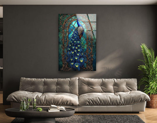 A regal peacock is captured in depth and layers on a stained-glass inspired print wall art, its feathers cascading with intricate details.