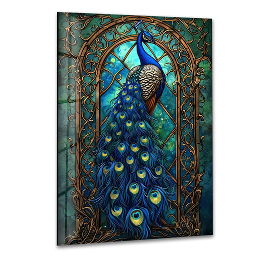 Stunning art from glass reveals a peacock's layered tail fanning out within an ornate, gilded frame.