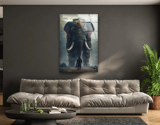 The animal glass wall art features a giant elephant and human figure in muted tones and is durable and fade proof perfect as elephant wall art