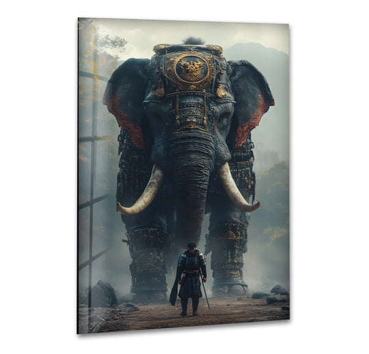 A Giant Elephant and Human is a vivid animal glass wall art with a samurai and giant tusks and ornate armor making unique animal artwork and an 8K UV printed home decor masterpiece