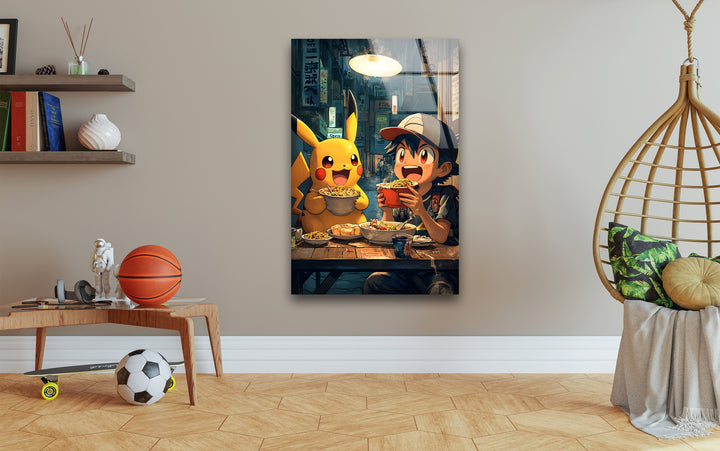 Pikachu and Ash Glass Wall Art picture on glass wall art, photos printed on glass