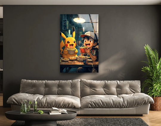 Dominant negative space highlights the anime street food scene as a vibrant piece of glass wall art decor, showcasing a comforting ramen night shared between friends.