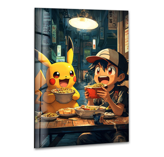 Tempered glass showcases the vivid details of this anime street food scene, making it a striking decorative wall art piece with a modern and high-quality finish.