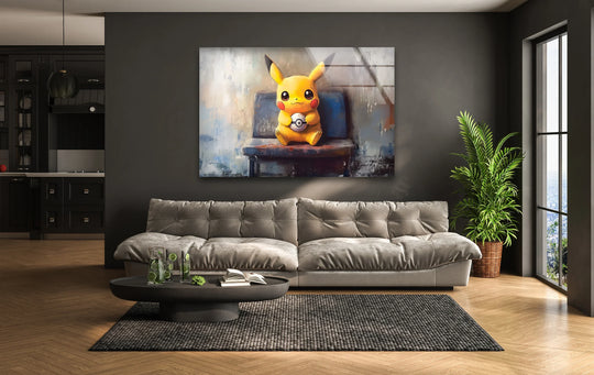 Dominated by a soft grey, the adorable yellow creature holding a ball is featured in this modern glass art painting, a visually appealing piece.