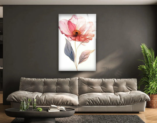 A minimalist watercolor flower line glass art painting with elegant geometric lines and soft pink hues.