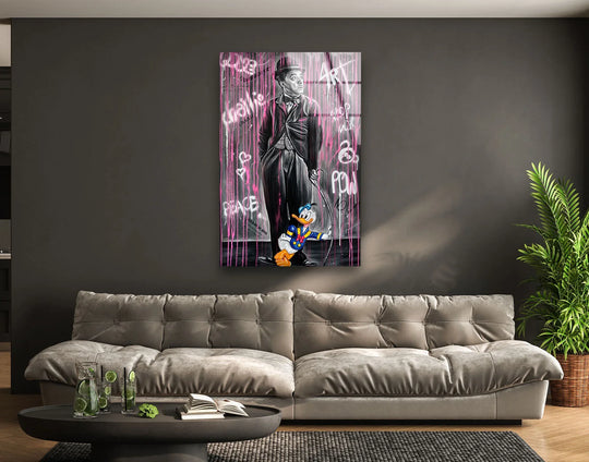 Showcasing the layering effect, the pink rain glass wall art presents Charlie Chaplin and Donald Duck amidst a vibrant, graffiti-inspired design, creating a unique piece of hanging wall art.