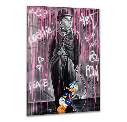 The drips of pink rain create organic forms around the man and cartoon in this pink rain unique modern wall decor glass wall art piece.