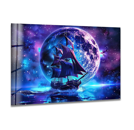 A majestic pirate ship glides through a cosmic sea, transitioning from deep blues to vibrant purples on this stunning wall print.