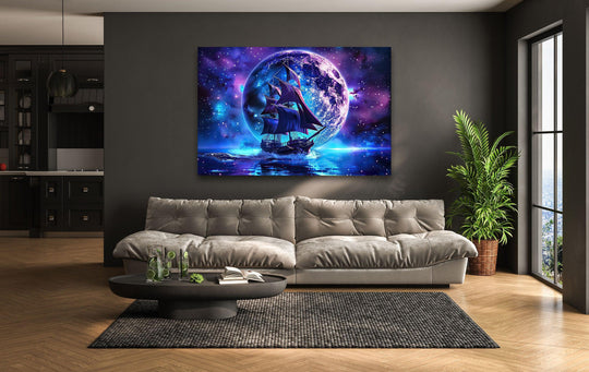 A pirate ship sails beneath a vibrant, luminous moon on this captivating glass wall art, adding unique modern wall decor to any space.