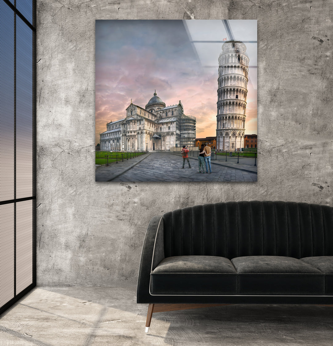 Schiefer Turm von Pisa, Glaswandkunst – Kultiges italienisches Wahrzeichen bei Sonnenuntergang