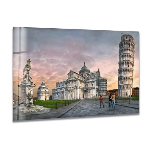 Showcasing the art from glass finish, this Leaning Tower of Pisa glass wall art captures the iconic Italian landmark at sunset, highlighting its smooth surface.