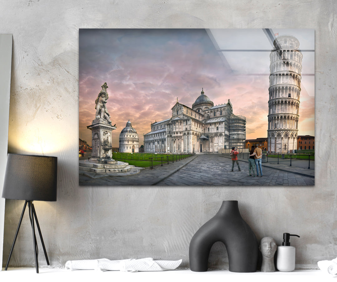 Schiefer Turm von Pisa, Glaswandkunst – Kultiges italienisches Wahrzeichen bei Sonnenuntergang