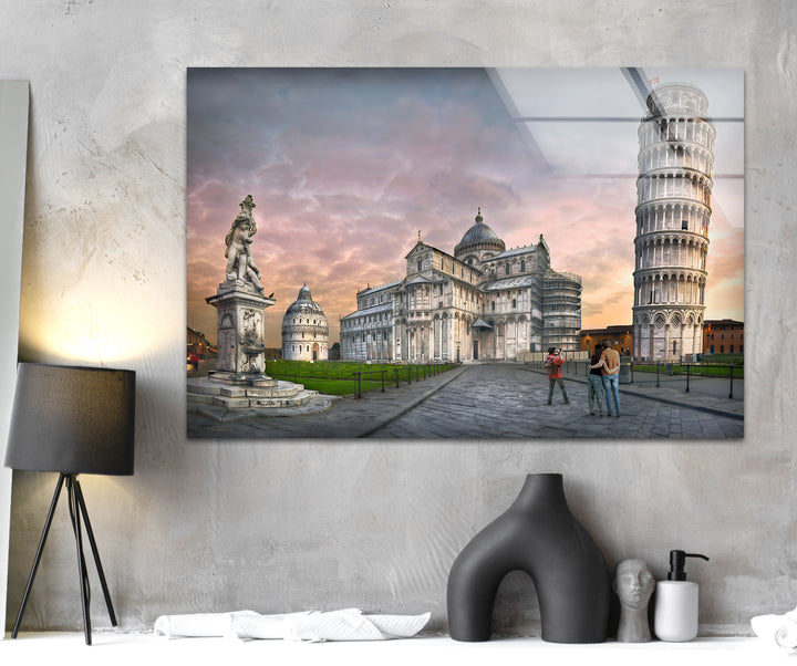 Schiefer Turm von Pisa, Glaswandkunst – Kultiges italienisches Wahrzeichen bei Sonnenuntergang