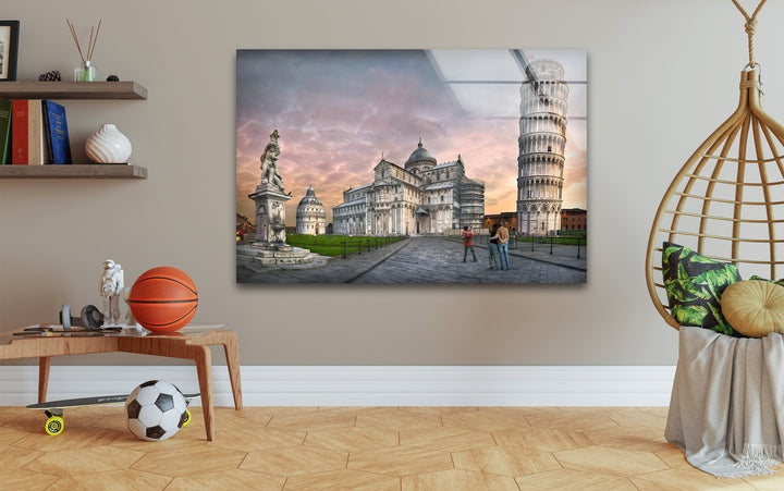 Schiefer Turm von Pisa, Glaswandkunst – Kultiges italienisches Wahrzeichen bei Sonnenuntergang