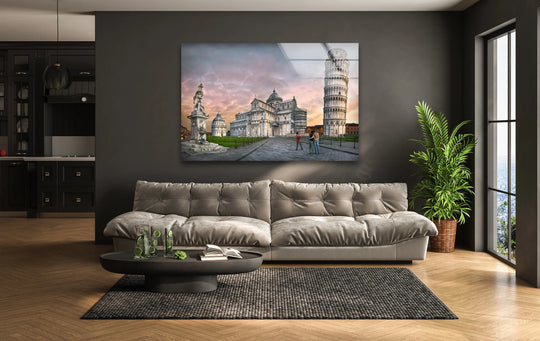 Illuminating the room is the Leaning Tower of Pisa iconic Italian landmark at sunset captured as print wall art on a modern glass wall decor.