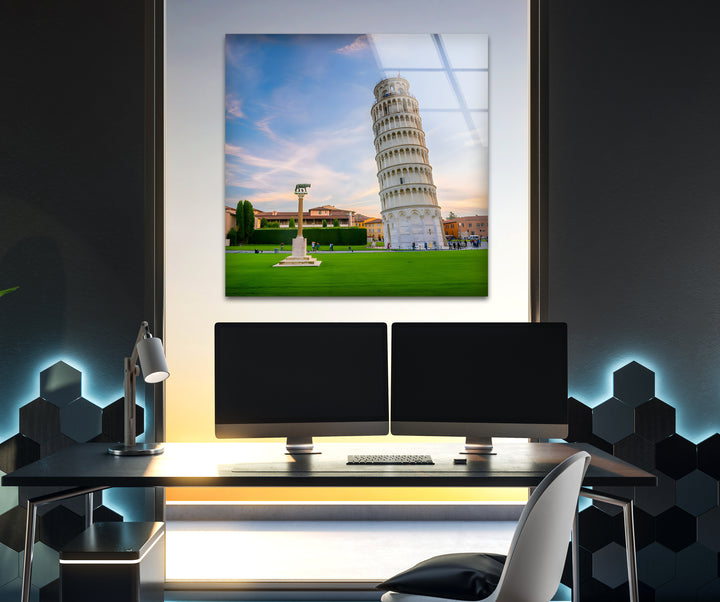 Schiefer Turm von Pisa, Glaswandkunst – Majestätische italienische Sonnenuntergangslandschaft