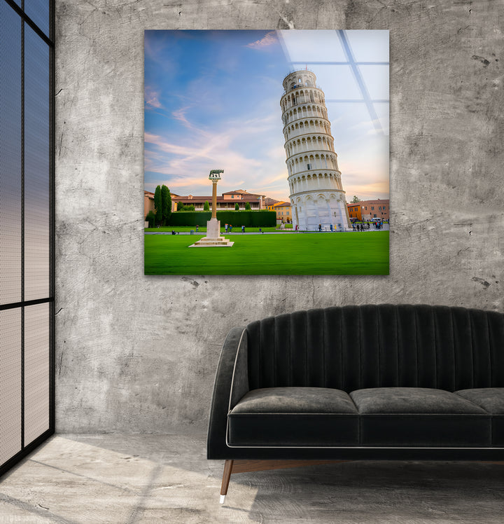 Schiefer Turm von Pisa, Glaswandkunst – Majestätische italienische Sonnenuntergangslandschaft
