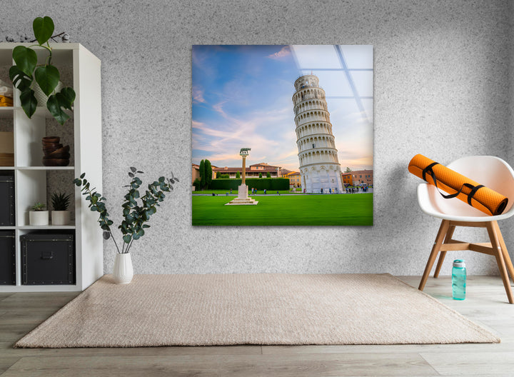 Schiefer Turm von Pisa, Glaswandkunst – Majestätische italienische Sonnenuntergangslandschaft