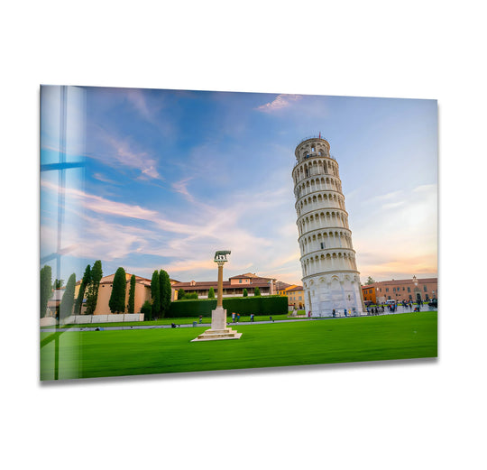 Blending sky hues capture the iconic leaning tower of pisa glass wall art, a majestic italian sunset landscape perfect for home decoration.