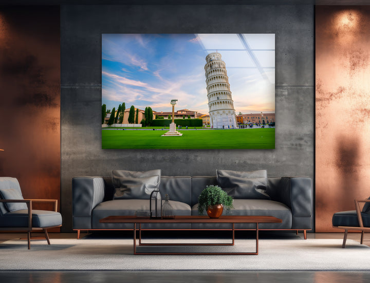 Schiefer Turm von Pisa, Glaswandkunst – Majestätische italienische Sonnenuntergangslandschaft