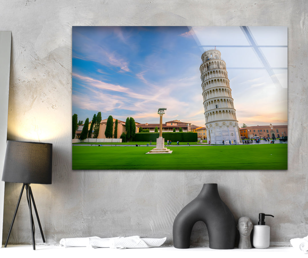 Schiefer Turm von Pisa, Glaswandkunst – Majestätische italienische Sonnenuntergangslandschaft