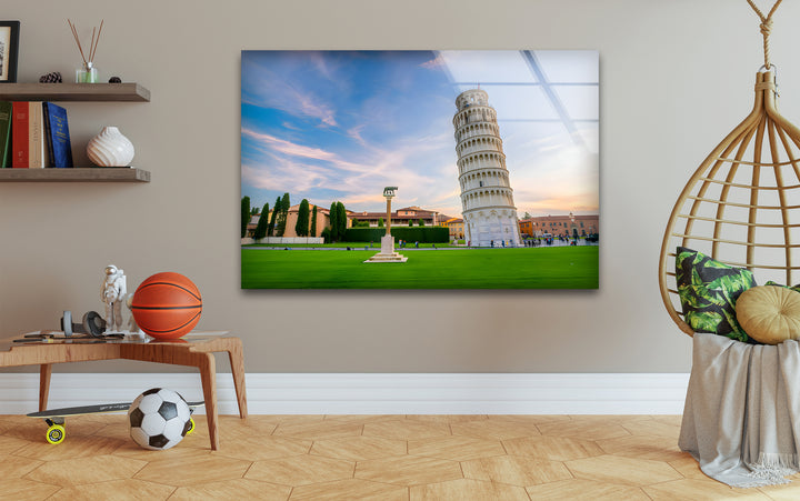 Schiefer Turm von Pisa, Glaswandkunst – Majestätische italienische Sonnenuntergangslandschaft