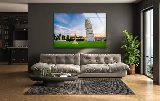 Highlighting geometric elements, this art from glass showcases the Leaning Tower of Pisa and its surrounding landscape, a mesmerizing city print capturing architectural precision.
